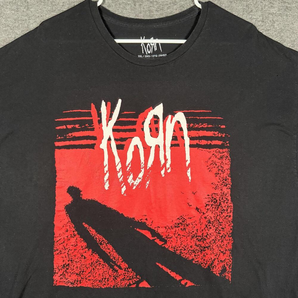 Korn T Shirt Mens 2XL Black Red Graphic Nu Metal Band Rock Concert Tee Red Logo